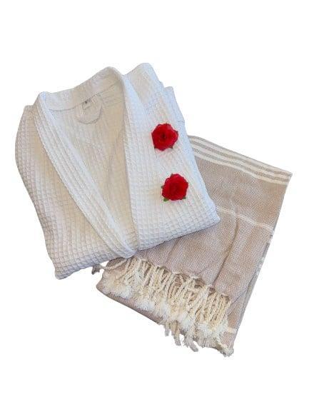 Wellness Pakket: Badjas Wafel & Hamamdoek 90x165cm Beige, Huis en Inrichting, Badkamer | Badtextiel en Accessoires, Overige typen