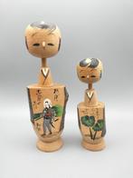 2x Unieke Kokeshi-poppen - Hout - Japan - Shwa periode