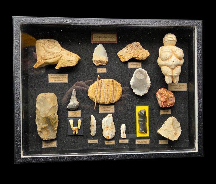 . - Diorama Real and reproduction Neolithic tools and, Antiquités & Art, Curiosités & Brocante
