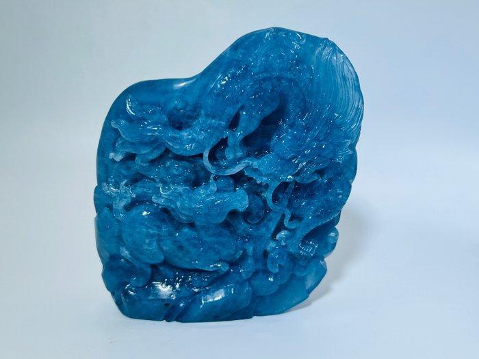 Exquise aquamarijn Draak- en Paardhoutsnijwerk – Een, Antiek en Kunst, Curiosa en Brocante