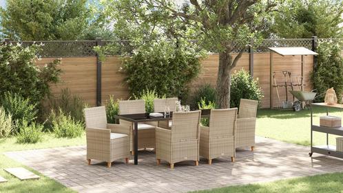 vidaXL 7-delige tuin eetset met kussens Beige Poly Riet, Tuin en Terras, Tuinstoelen, Nieuw, Verzenden