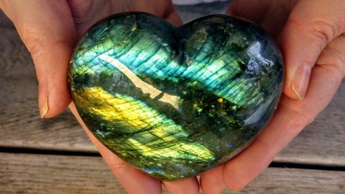 Labradoriet goud - blauw + turkoois kleur Hart - Hoogte: 8, Antiek en Kunst, Curiosa en Brocante