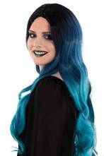 Pruik Selena Lang Haar Met Krullen Zwart Petrol Blauw, Verzenden