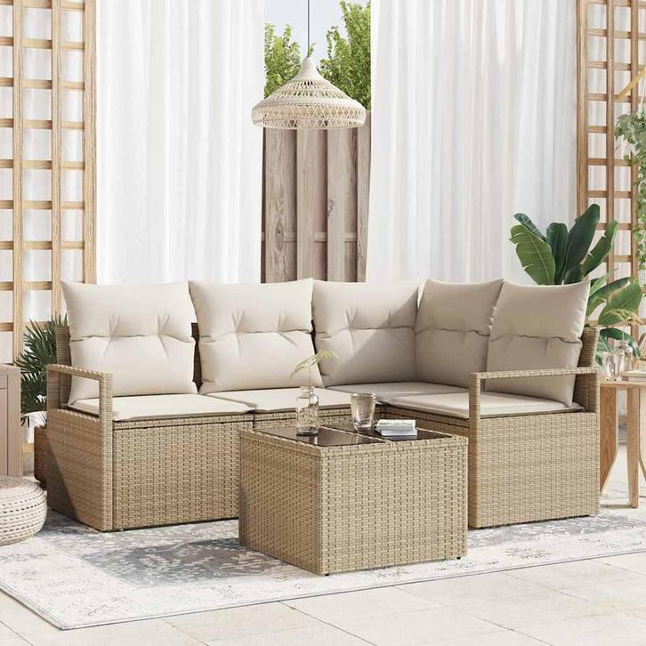 vidaXL Bankstel met kussen met opslag 5 pcs Beige en Crème, Jardin & Terrasse, Ensembles de jardin, Envoi