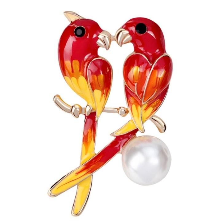 Fako Bijoux - Broche - Vogel - Parkieten Met Parel - 45x26mm, Handtassen en Accessoires, Broches, Verzenden