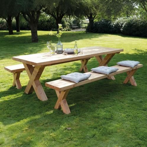 Douglas Tuintafelset Xavi 245 cm (1 tafel, 2 banken) (KING, Jardin & Terrasse, Tables de jardin, Envoi