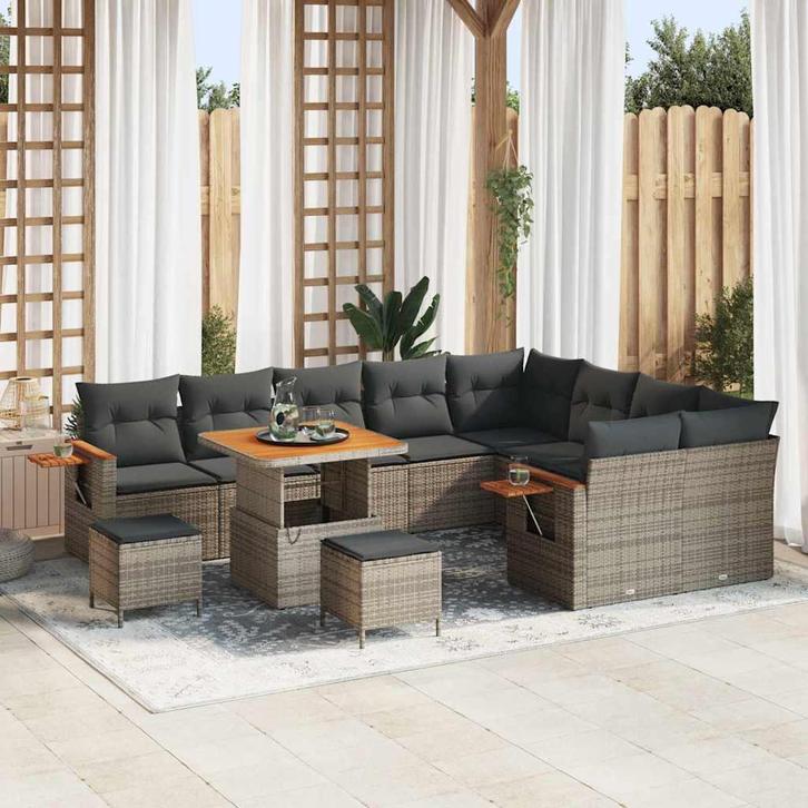 vidaXL Tuinbank Set met kussen met opslag Grijs Poly rattan, Tuin en Terras, Tuinsets en Loungesets, Nieuw, Verzenden