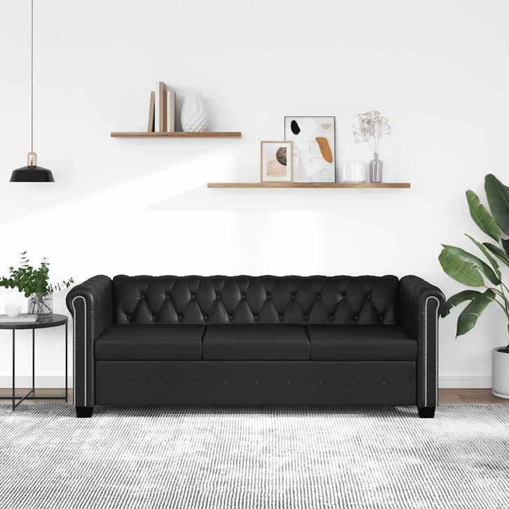 vidaXL Driezitsbank Chesterfield-stijl kunstleer zwart, Huis en Inrichting, Zetels | Zetels, Nieuw, Verzenden