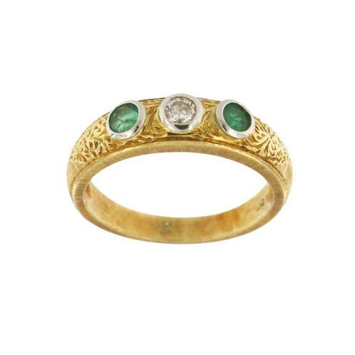 Bague - 18 carats Or jaune - Smaragds et Diamant, Handtassen en Accessoires, Ringen