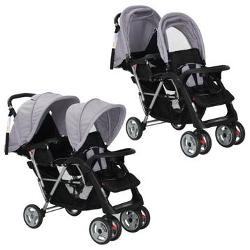 vidaXL Kinderwagen dubbel staal grijs en zwart disponible aux enchères