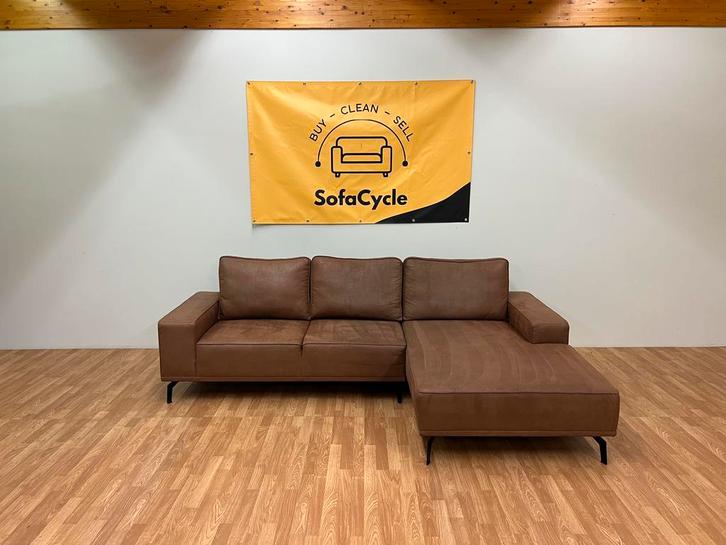 Stijlvolle cognac driezit met chaise longue – SofaCycle, Huis en Inrichting, Zetels | Zetels, Nieuw, Ophalen of Verzenden