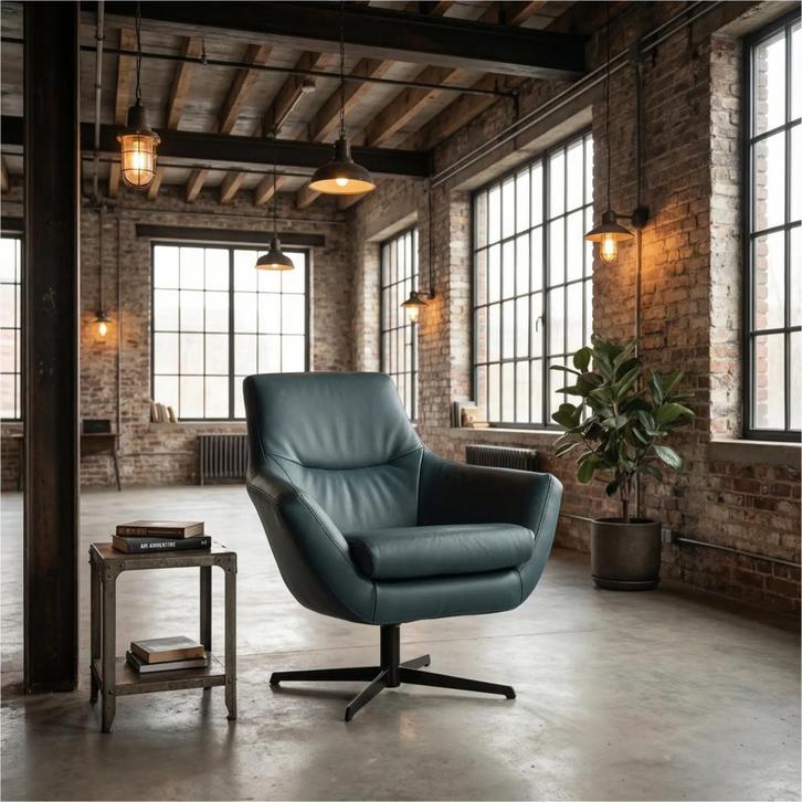 Leren draaifauteuil Wing - Toledo Whale (blauw/grijs), Huis en Inrichting, Fauteuils, 75 tot 100 cm, 75 tot 100 cm, Nieuw, Leer