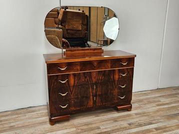 Commode - Commode Art Déco en noyer et érable avec miroir -