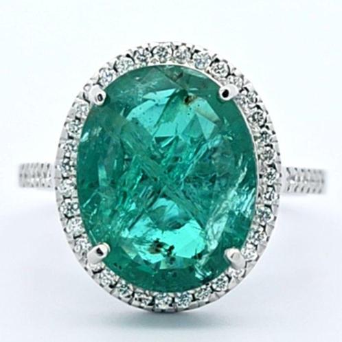 Ring Platina -  6.42ct. tw. Smaragd - Diamant - Zambia, Handtassen en Accessoires, Ringen