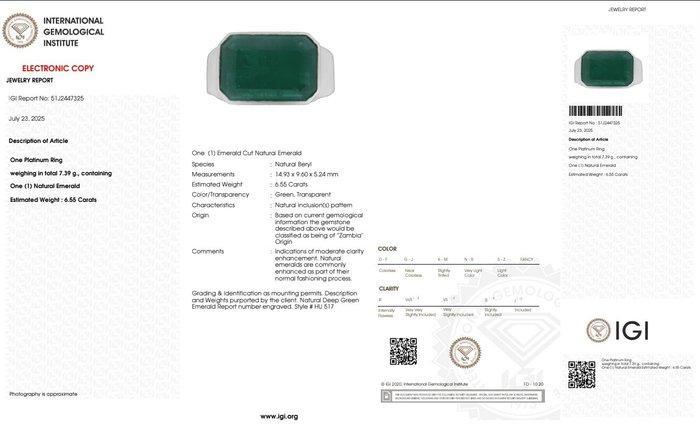 Ring Platina - 6.55ct. tw. Smaragd, Handtassen en Accessoires, Ringen