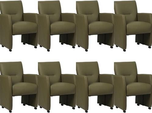 Set van 8 Olijfgroene leren moderne eetkamerfauteuils -, Huis en Inrichting, Stoelen, Overige kleuren, Vijf, Zes of meer stoelen
