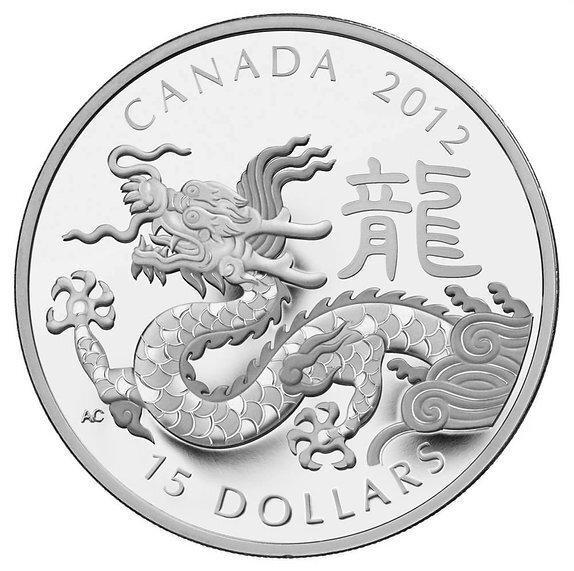 Canada. 15 Dollar 2012 - Jahr des Drachen - 1 Oz (.999) mit, Postzegels en Munten, Munten | Europa | Niet-Euromunten
