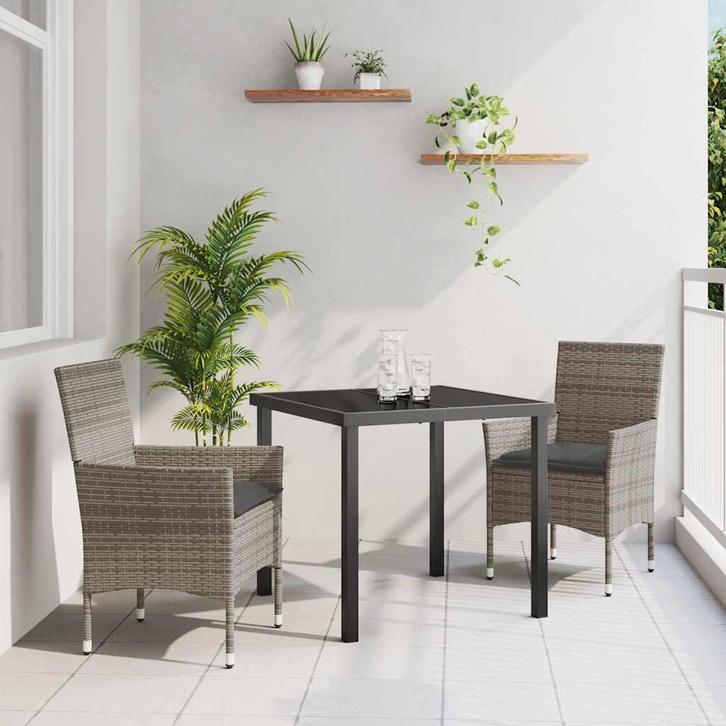 vidaXL Tuin Eettafel Set met kussen 3 pcs Grijs Poly rattan, Tuin en Terras, Tuinsets en Loungesets, Nieuw, Verzenden