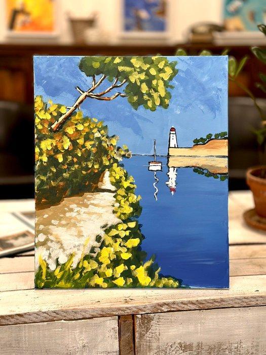 Jiel - Reflets au Phare sur la Méditerranée., Antiquités & Art, Art | Peinture | Moderne
