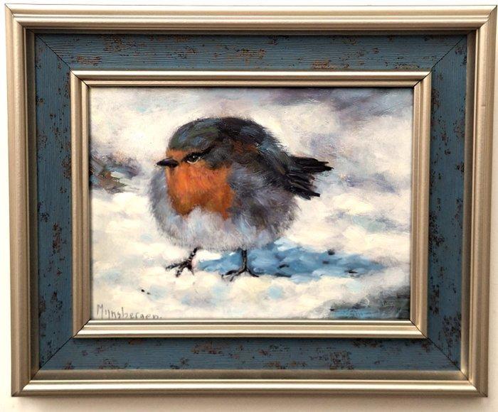 J.J.Mijnsbergen (1945) - Roodborstje in de sneeuw, Antiek en Kunst, Kunst | Schilderijen | Klassiek