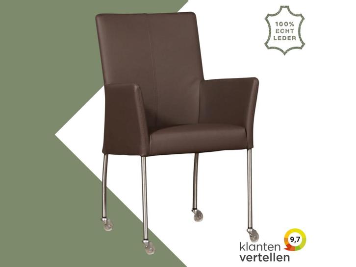 Leren eetkamerstoel Comfort met wieltjes en armleuning -, Huis en Inrichting, Stoelen, Bruin, Eén, Nieuw, Leer, Ophalen of Verzenden