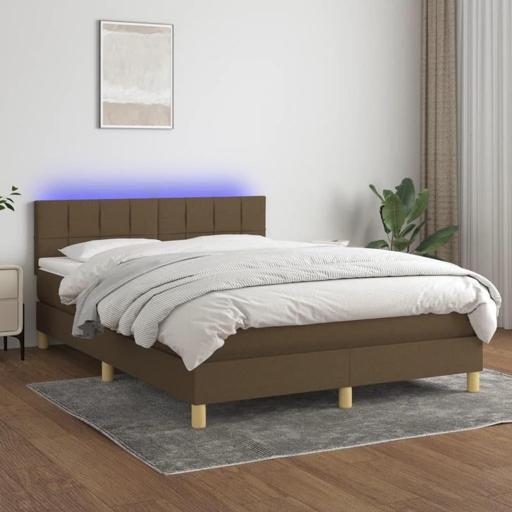 vidaXL Boxspring met matras en LED stof donkerbruin 140x200, Maison & Meubles, Chambre à coucher | Lits, Envoi