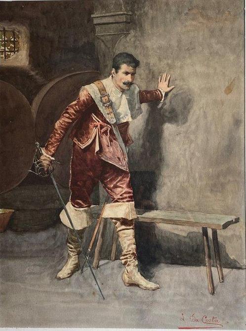 Luigi Da Costa (XIX) - Spadaccino in Rosso, Antiek en Kunst, Kunst | Schilderijen | Klassiek