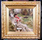 Gustave Coppieters (1840-1885) - Reading in the Garden, Antiek en Kunst, Kunst | Schilderijen | Klassiek