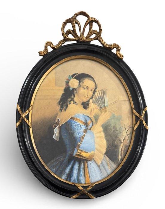 Franse school (XIX) - Ritratto di una giovane donna con, Antiek en Kunst, Kunst | Schilderijen | Klassiek