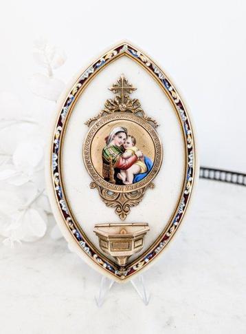 Wijwatervat - Benitier : marbre & émail cloisonné, Vierge et, Antiek en Kunst