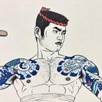 Man met drumstokken - Houtsnede Mishima G gash Wakamono