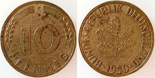 Duitsland 10 Pfennig 1950 Fsehr schoen Messing 4,15 gr, Timbres & Monnaies, Monnaies | Europe | Monnaies non-euro, Envoi