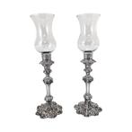 Old Sheffield plate tall candlesticks with hurricane glass, Antiek en Kunst