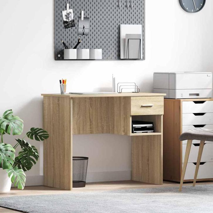 vidaXL Bureau met lade Sonoma Eik 90 x 49 x 75 cm Bewerkt, Huis en Inrichting, Bureaus, Nieuw, Verzenden