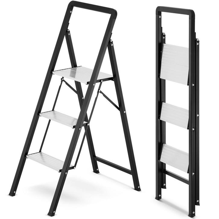 Huishoudtrap 3 treden - opvouwbare trapladder - zwart zilver, Doe-het-zelf en Bouw, Ladders en Trappen, Nieuw, Ophalen of Verzenden