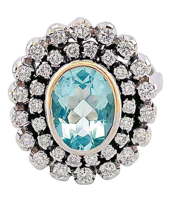 Ring - 18 karaat Witgoud Aquamarijn - Diamant, Handtassen en Accessoires, Ringen