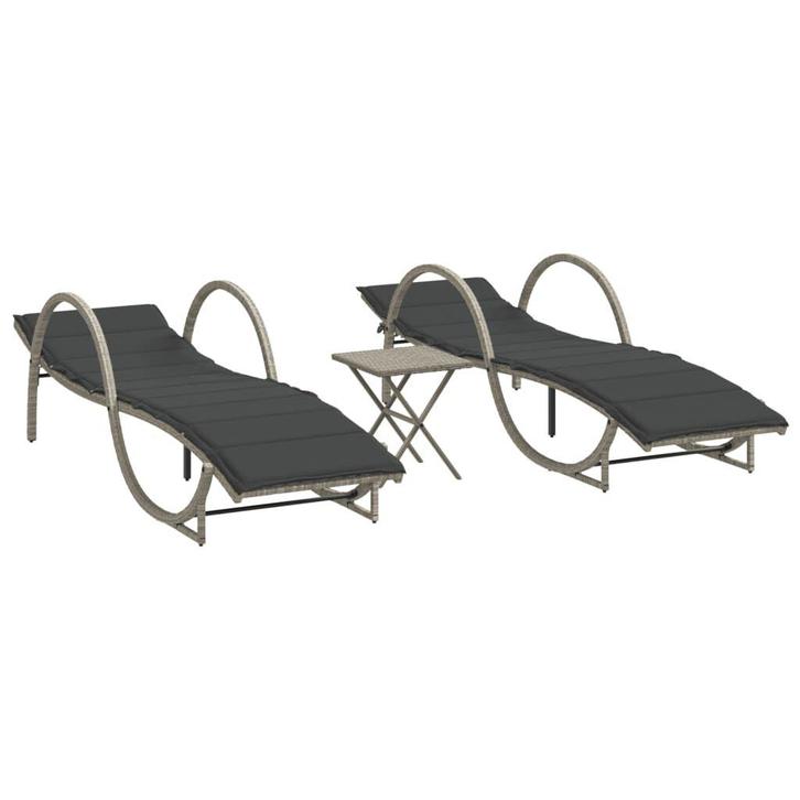 2x Ligbed met Tafel Poly Rattan Lichtgrijs | Retour Deal..., Tuin en Terras, Ligbedden, Verstelbaar, Nieuw, Rotan, Verzenden