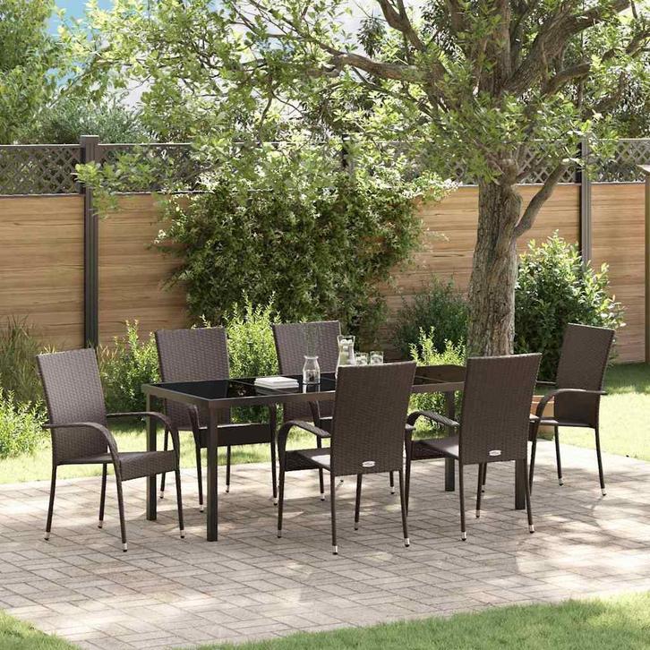 vidaXL Tuin Eettafel Set 7 pcs Bruin Gepoedercoat staal, Tuin en Terras, Tuinsets en Loungesets, Nieuw, Verzenden