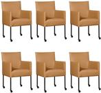 Set van 6 Bruine leren moderne kuipstoel - poot rond zwart, Huis en Inrichting, Stoelen, Overige kleuren, Nieuw, Leer, Ophalen of Verzenden