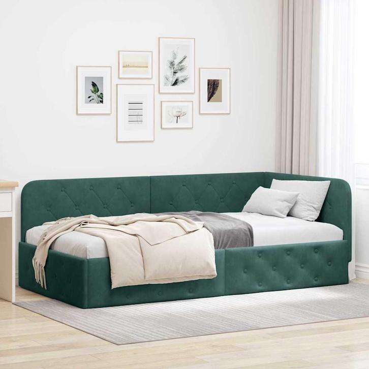 vidaXL Hoek Bed Frame met hoofdeinde Donkergroen 100 x 200, Huis en Inrichting, Slaapkamer | Bedden, Nieuw, Verzenden
