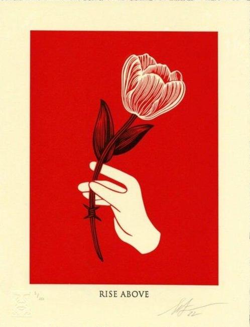 Shepard Fairey (OBEY) (1970) - Rise Above Barbwire (red), Antiquités & Art, Art | Peinture | Moderne