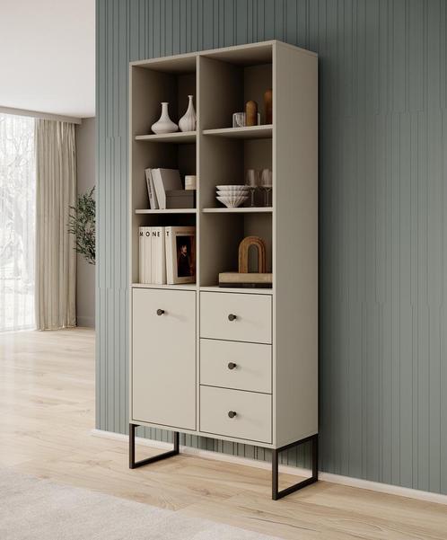 Meubella | Boekenkast beige 77cm - 3 lades, Huis en Inrichting, Kasten | Boekenkasten, 25 tot 50 cm, Nieuw, 50 tot 100 cm, 150 tot 200 cm