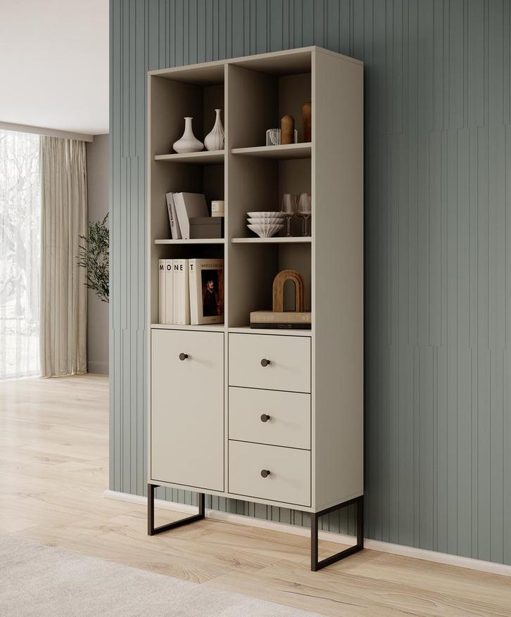 Meubella | Boekenkast beige 77cm - 3 lades, Huis en Inrichting, Kasten | Boekenkasten, 25 tot 50 cm, Nieuw, 50 tot 100 cm, 150 tot 200 cm