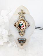 Bénitier - Benitier : Marbre blanc & émail cloisonné, Vierge