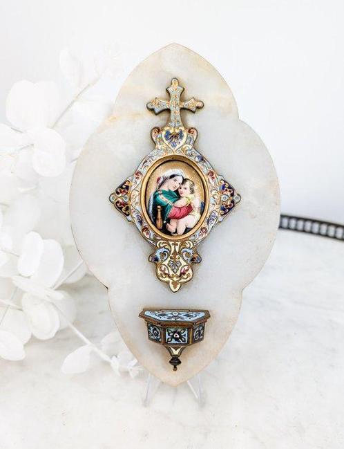 Bénitier - Benitier : Marbre blanc & émail cloisonné, Vierge, Antiek en Kunst, Kunst | Niet-Westerse kunst