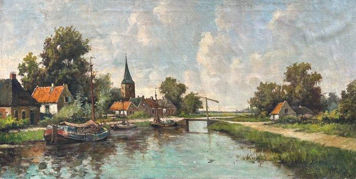 J.H v Oeveren (XX) - Dorp aan het water, Antiek en Kunst, Kunst | Schilderijen | Klassiek