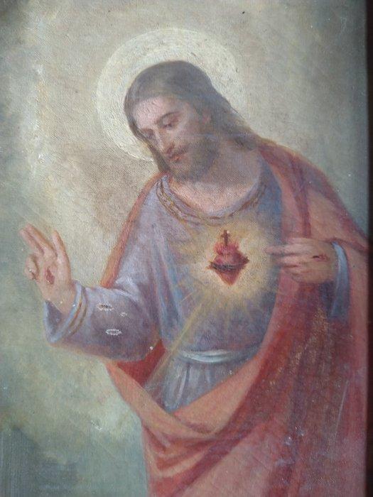 Religieus schilderij - Jezus Heilig Hart - 35 x 47 cm -, Antiek en Kunst, Antiek | Boeken en Manuscripten