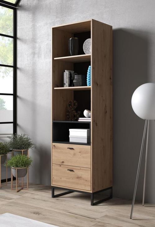Boekenkast Ozzy - Eiken - Zwart - 60 cm, Huis en Inrichting, Kasten | Boekenkasten, 25 tot 50 cm, Nieuw, 50 tot 100 cm, 200 cm of meer