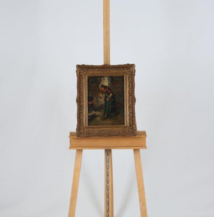 Johannes Abraham Mondt (1859-1941) - Een houtzagende vrouw, Antiek en Kunst, Kunst | Schilderijen | Klassiek