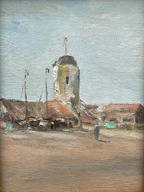 Cor Schaap (1968) - Strandgezicht met Oude Kerk en, Antiquités & Art, Art | Peinture | Classique